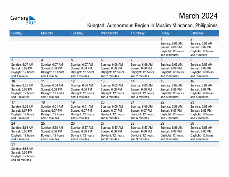 Kungtad March 2024 sunrise and sunset calendar in PDF, Excel, and Word