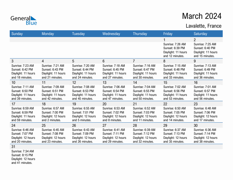 Lavalette March 2024 sunrise and sunset calendar in PDF, Excel, and Word