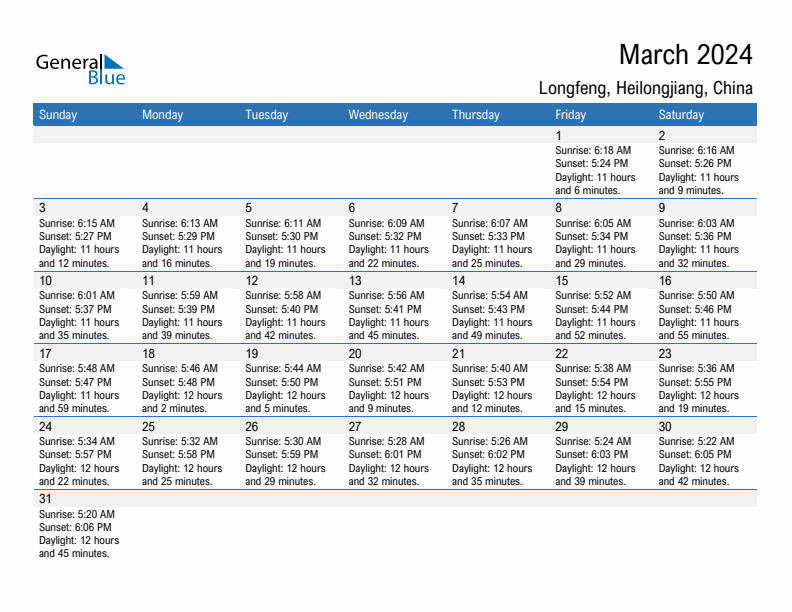 Longfeng March 2024 sunrise and sunset calendar in PDF, Excel, and Word