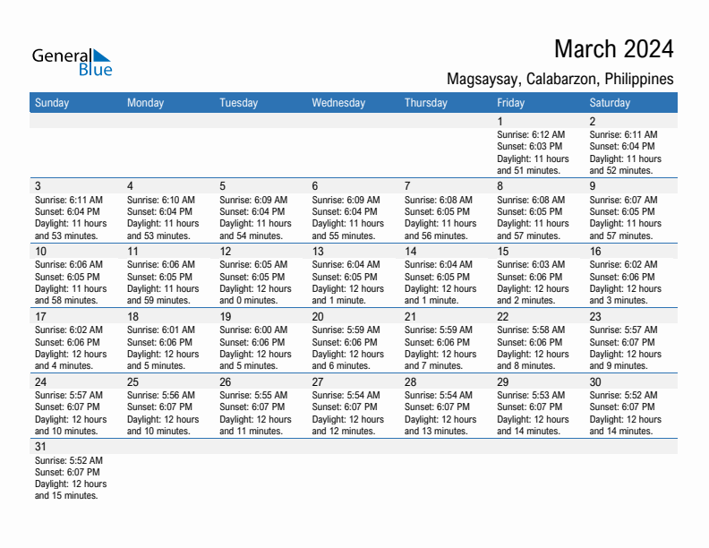 Magsaysay March 2024 sunrise and sunset calendar in PDF, Excel, and Word