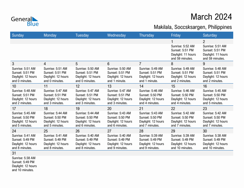 Makilala March 2024 sunrise and sunset calendar in PDF, Excel, and Word