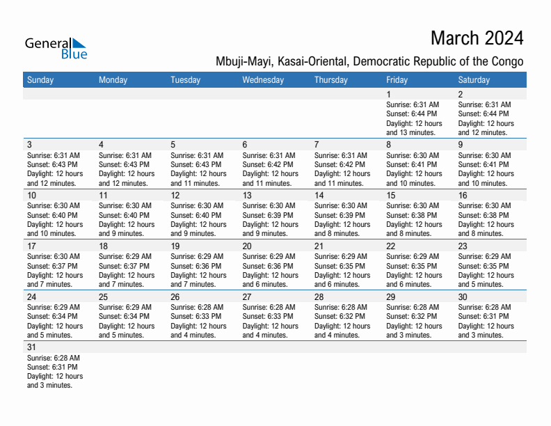 Mbuji-Mayi March 2024 sunrise and sunset calendar in PDF, Excel, and Word