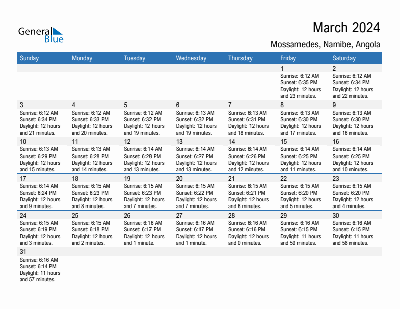 Mossamedes March 2024 sunrise and sunset calendar in PDF, Excel, and Word