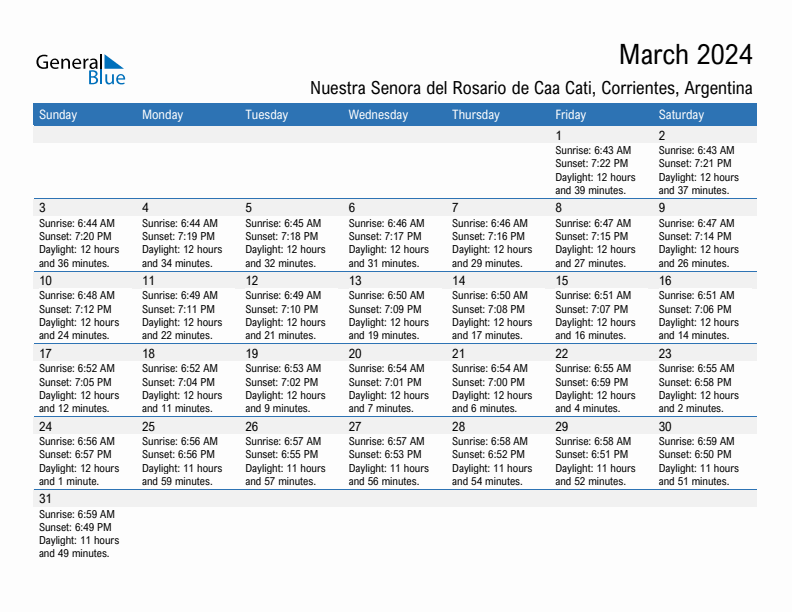 Nuestra Senora del Rosario de Caa Cati March 2024 sunrise and sunset calendar in PDF, Excel, and Word