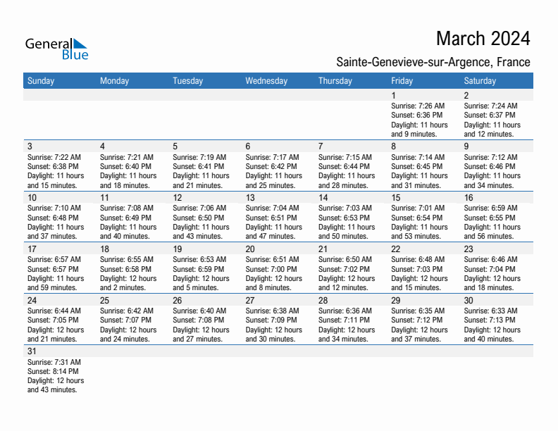 Sainte-Genevieve-sur-Argence March 2024 sunrise and sunset calendar in PDF, Excel, and Word