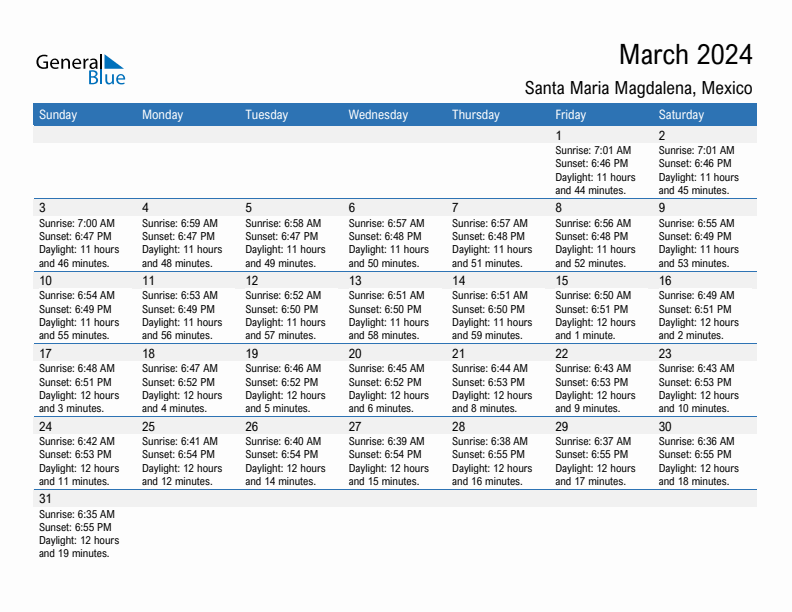 Santa Maria Magdalena March 2024 sunrise and sunset calendar in PDF, Excel, and Word