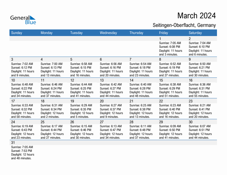 Seitingen-Oberflacht March 2024 sunrise and sunset calendar in PDF, Excel, and Word