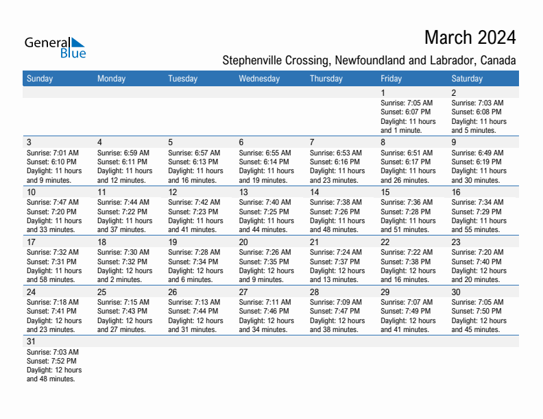 Stephenville Crossing March 2024 sunrise and sunset calendar in PDF, Excel, and Word