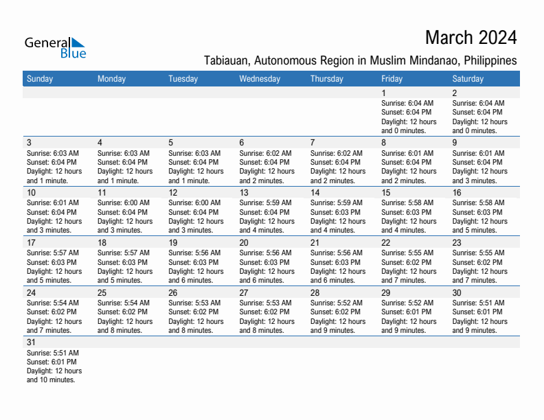 Tabiauan March 2024 sunrise and sunset calendar in PDF, Excel, and Word