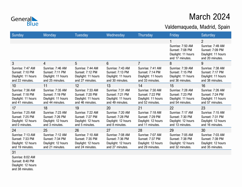 Valdemaqueda March 2024 sunrise and sunset calendar in PDF, Excel, and Word