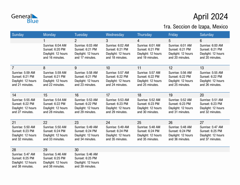 1ra. Seccion de Izapa April 2024 sunrise and sunset calendar in PDF, Excel, and Word