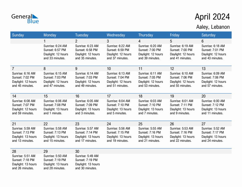 Aaley April 2024 sunrise and sunset calendar in PDF, Excel, and Word