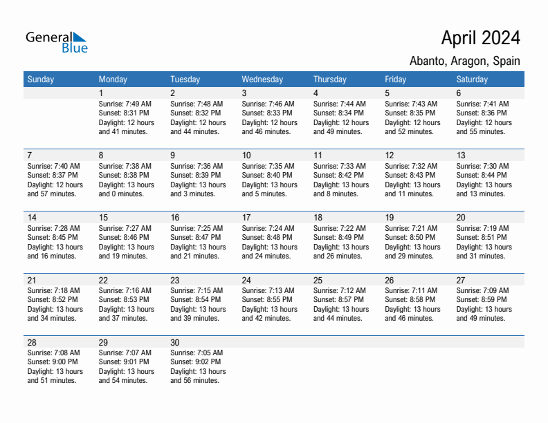 Abanto April 2024 sunrise and sunset calendar in PDF, Excel, and Word