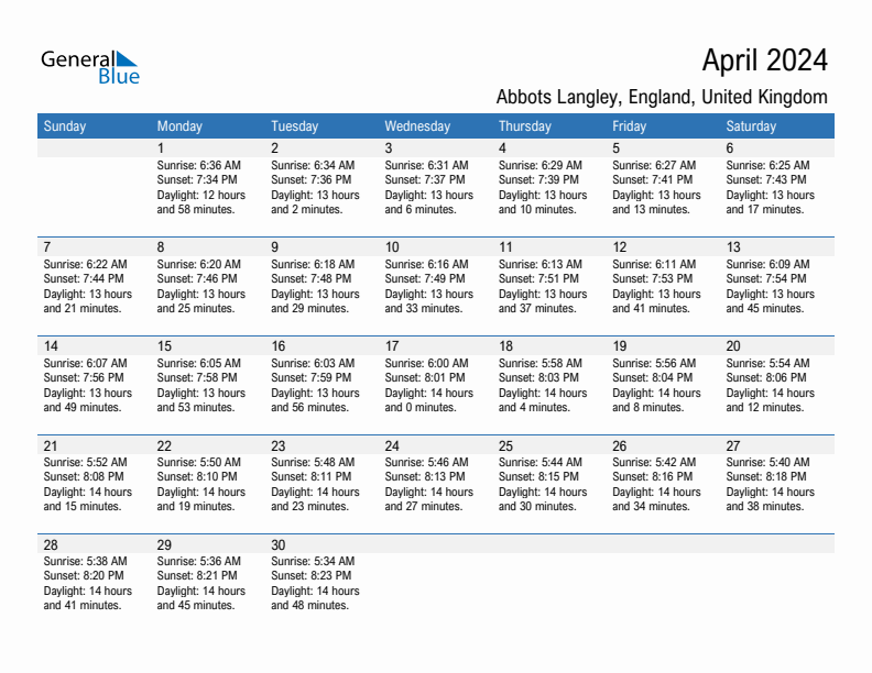 Abbots Langley April 2024 sunrise and sunset calendar in PDF, Excel, and Word