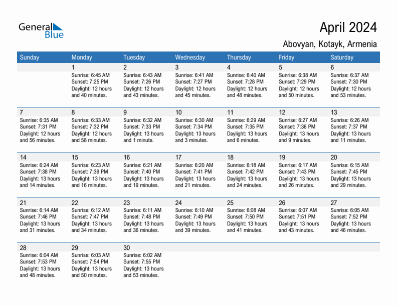 Abovyan April 2024 sunrise and sunset calendar in PDF, Excel, and Word