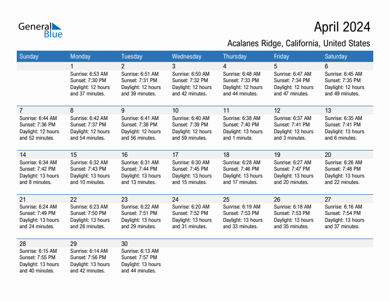 Acalanes Ridge April 2024 sunrise and sunset calendar in PDF, Excel, and Word