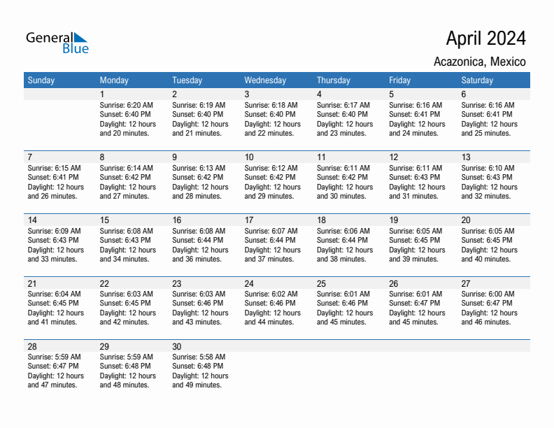 Acazonica April 2024 sunrise and sunset calendar in PDF, Excel, and Word