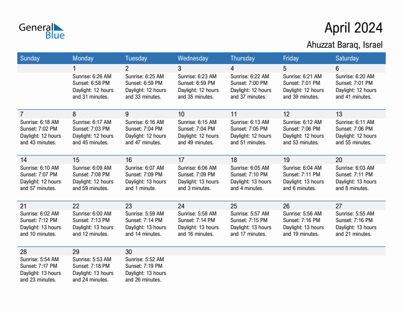 Ahuzzat Baraq April 2024 sunrise and sunset calendar in PDF, Excel, and Word