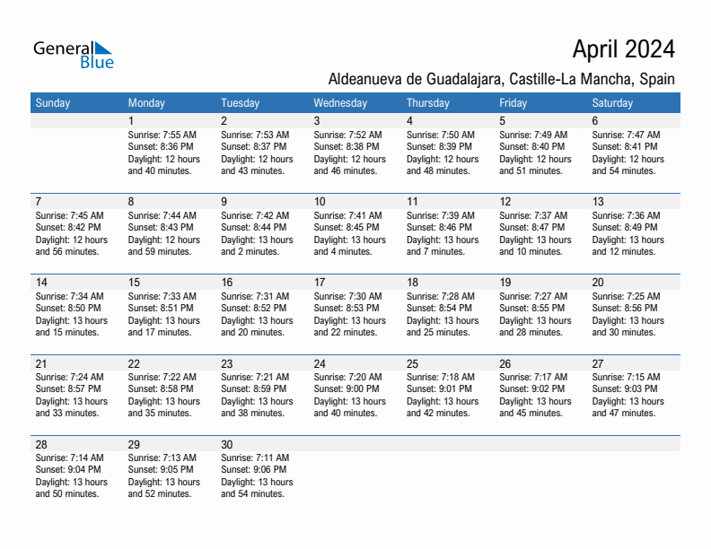 Aldeanueva de Guadalajara April 2024 sunrise and sunset calendar in PDF, Excel, and Word