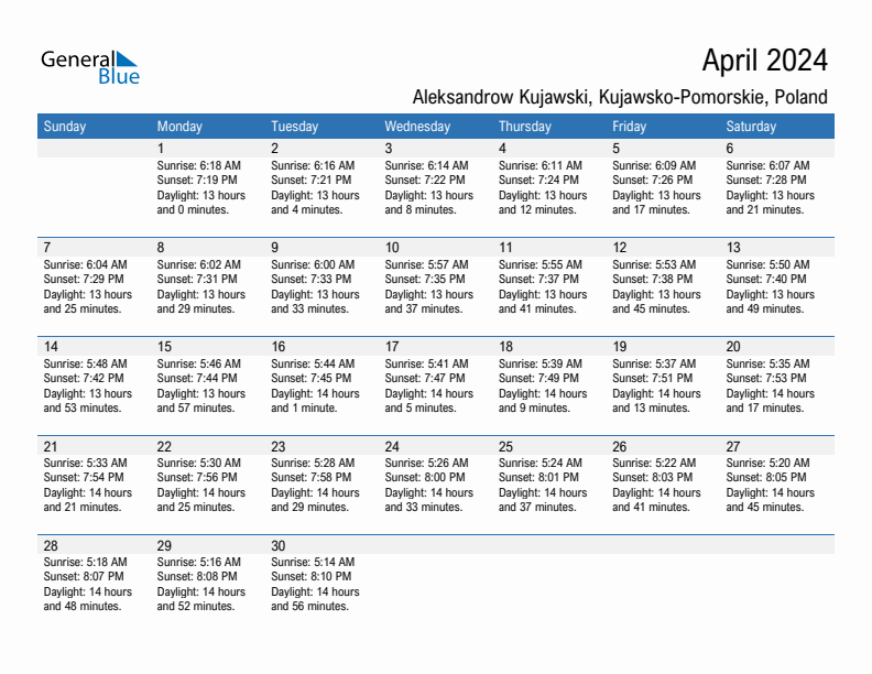 Aleksandrow Kujawski April 2024 sunrise and sunset calendar in PDF, Excel, and Word