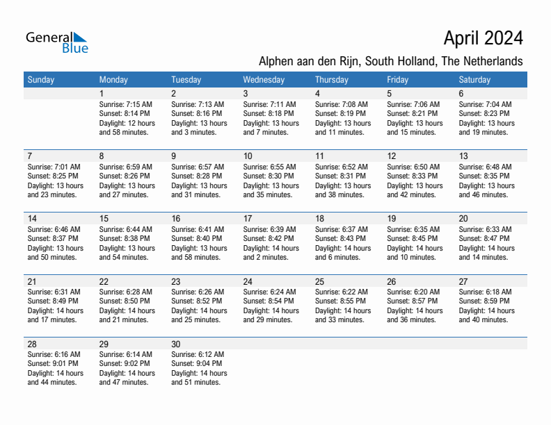 Alphen aan den Rijn April 2024 sunrise and sunset calendar in PDF, Excel, and Word