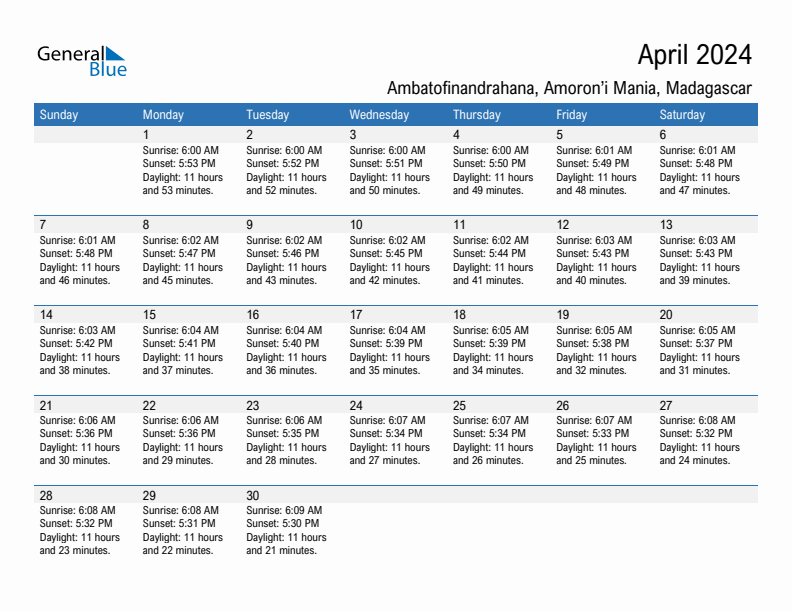 Ambatofinandrahana April 2024 sunrise and sunset calendar in PDF, Excel, and Word