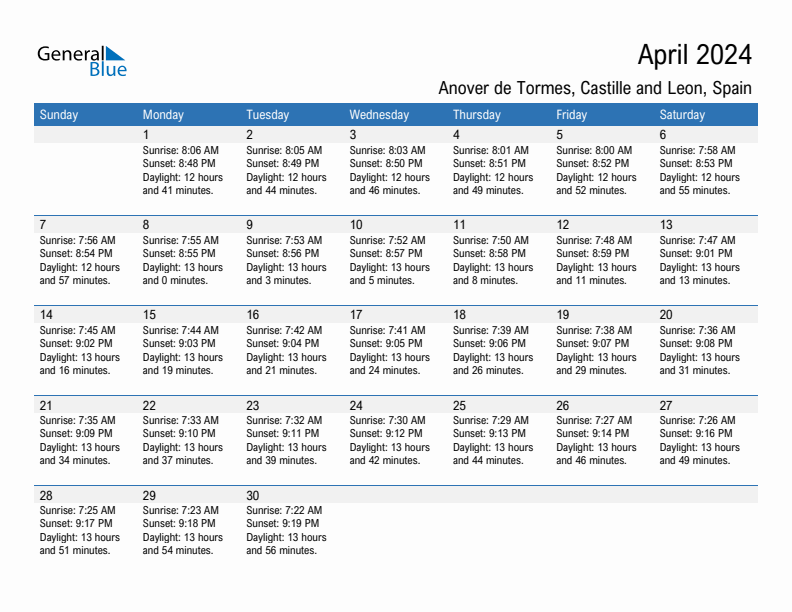 Anover de Tormes April 2024 sunrise and sunset calendar in PDF, Excel, and Word