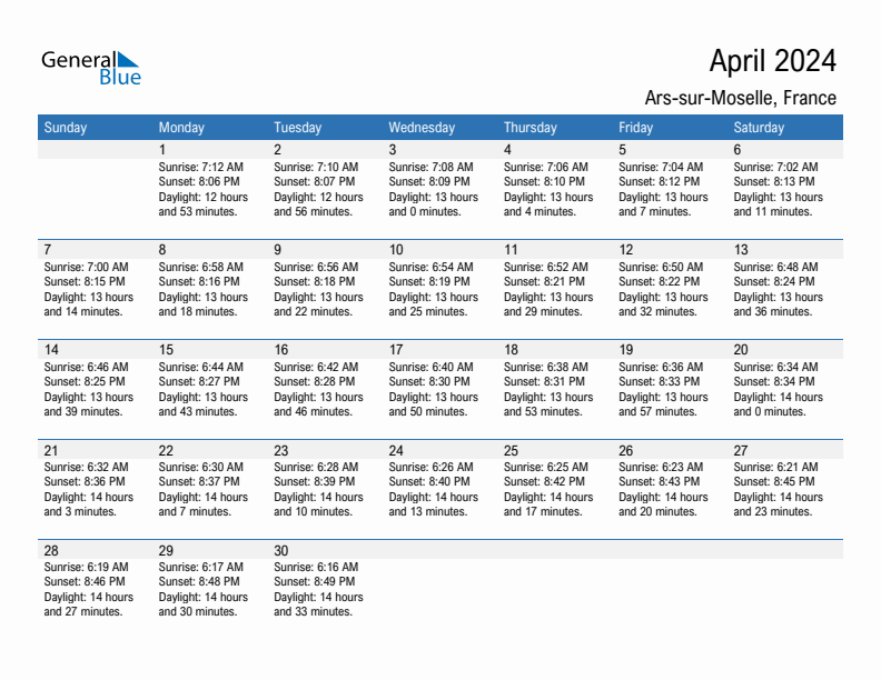 Ars-sur-Moselle April 2024 sunrise and sunset calendar in PDF, Excel, and Word