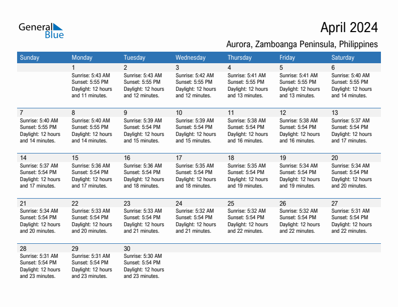 Aurora April 2024 sunrise and sunset calendar in PDF, Excel, and Word