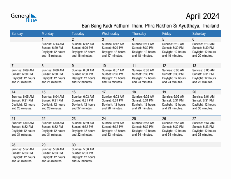 Ban Bang Kadi Pathum Thani April 2024 sunrise and sunset calendar in PDF, Excel, and Word