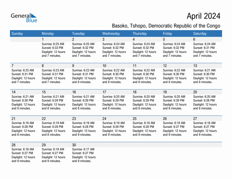 Basoko April 2024 sunrise and sunset calendar in PDF, Excel, and Word