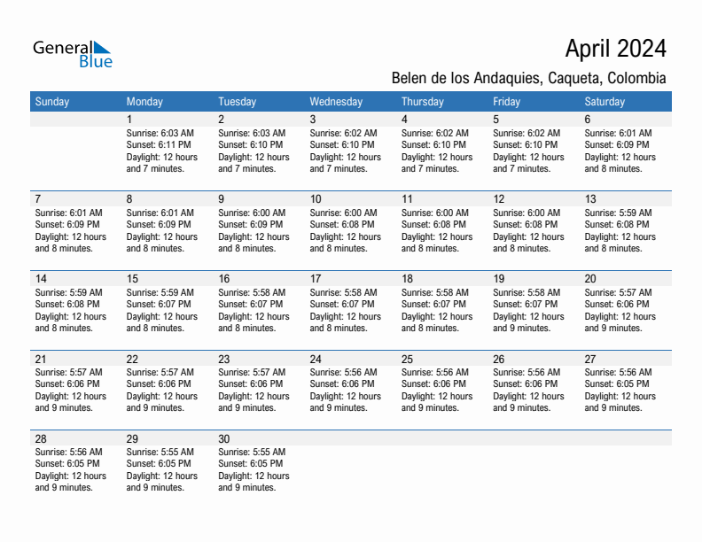 Belen de los Andaquies April 2024 sunrise and sunset calendar in PDF, Excel, and Word