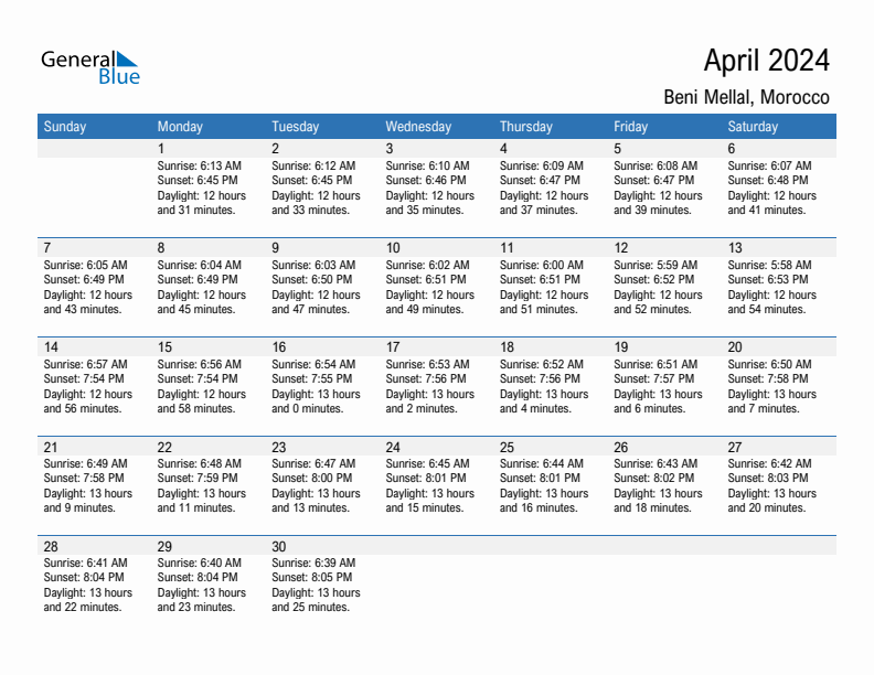 Beni Mellal April 2024 sunrise and sunset calendar in PDF, Excel, and Word