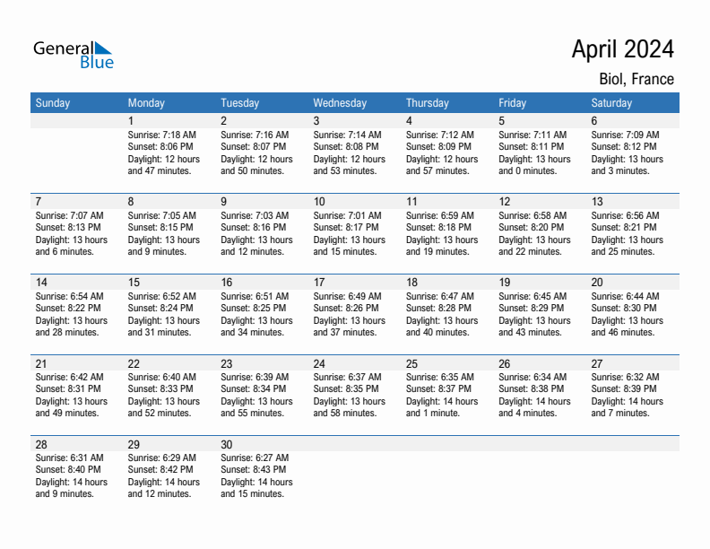 Biol April 2024 sunrise and sunset calendar in PDF, Excel, and Word