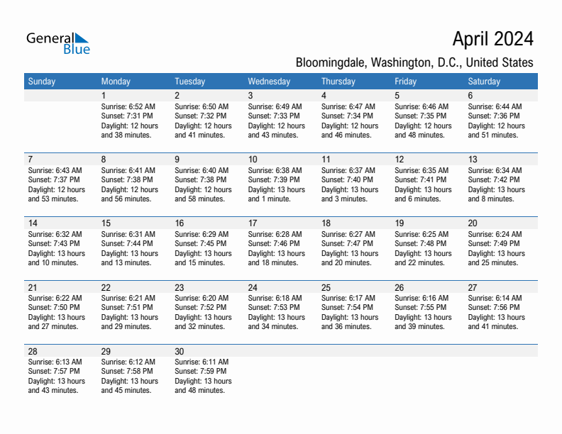 Bloomingdale April 2024 sunrise and sunset calendar in PDF, Excel, and Word