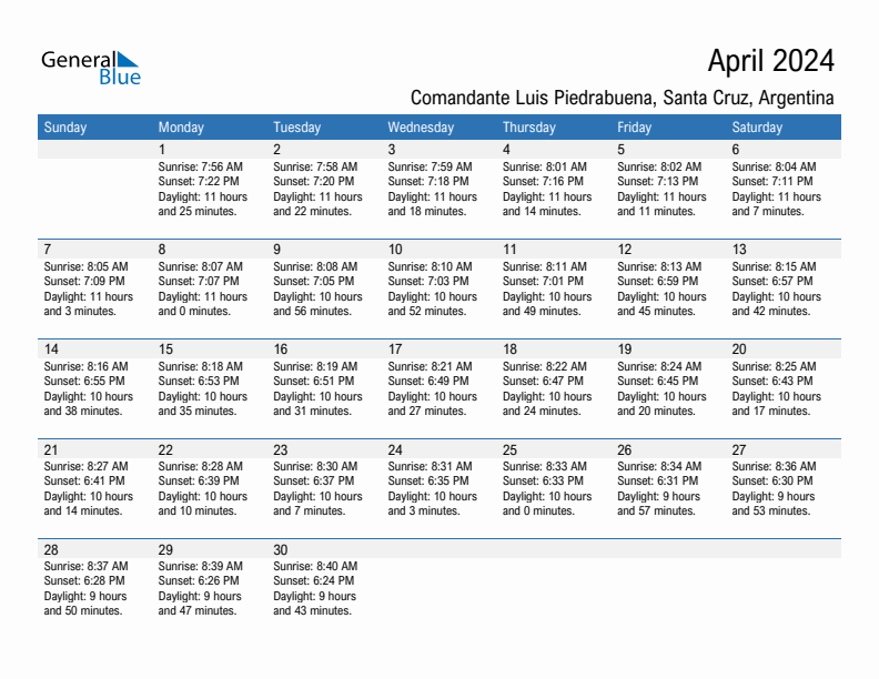 Comandante Luis Piedrabuena April 2024 sunrise and sunset calendar in PDF, Excel, and Word