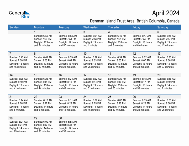 Denman Island Trust Area April 2024 sunrise and sunset calendar in PDF, Excel, and Word