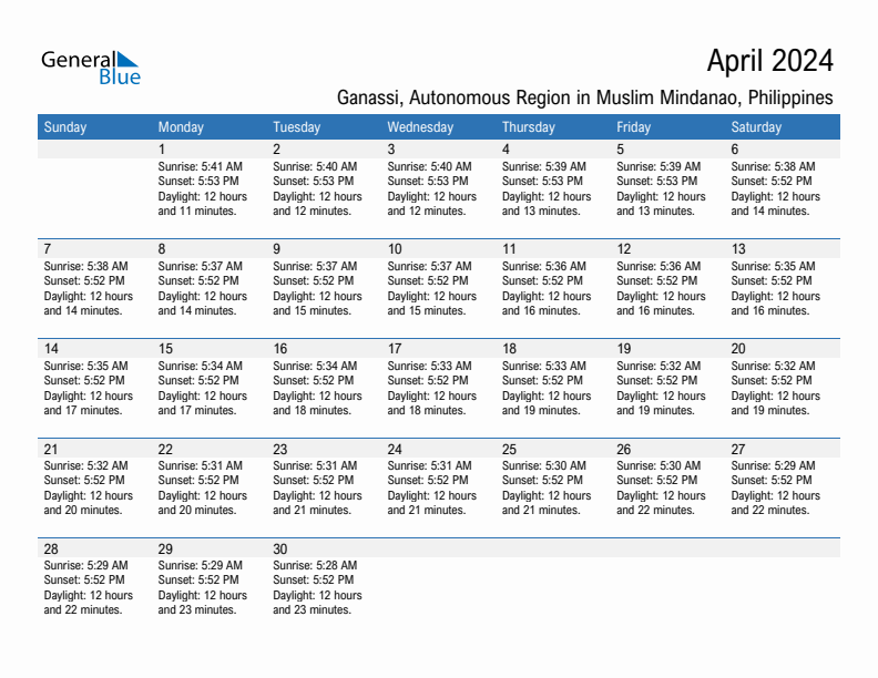 Ganassi April 2024 sunrise and sunset calendar in PDF, Excel, and Word