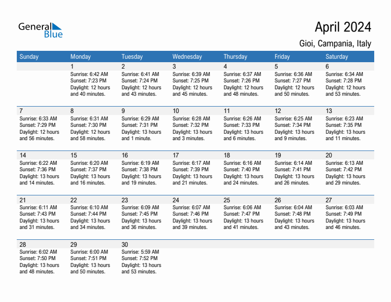 Gioi April 2024 sunrise and sunset calendar in PDF, Excel, and Word