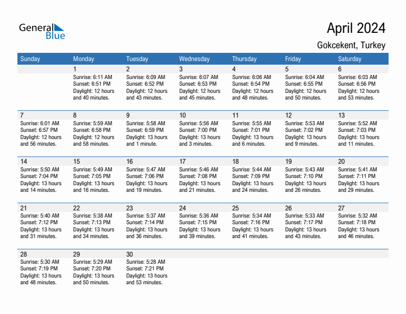 Gokcekent April 2024 sunrise and sunset calendar in PDF, Excel, and Word