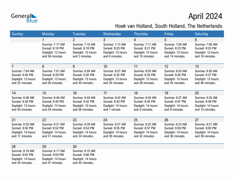 Hoek van Holland April 2024 sunrise and sunset calendar in PDF, Excel, and Word