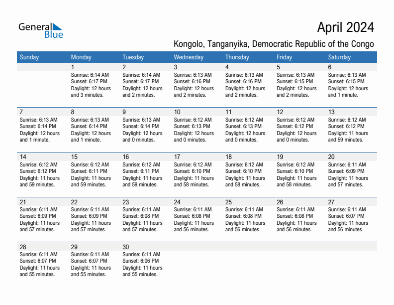 Kongolo April 2024 sunrise and sunset calendar in PDF, Excel, and Word