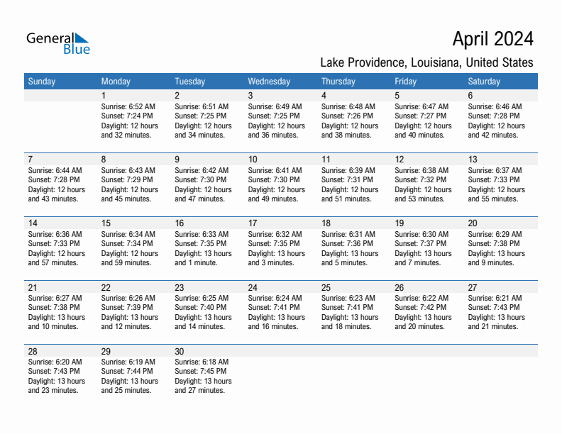 Lake Providence April 2024 sunrise and sunset calendar in PDF, Excel, and Word