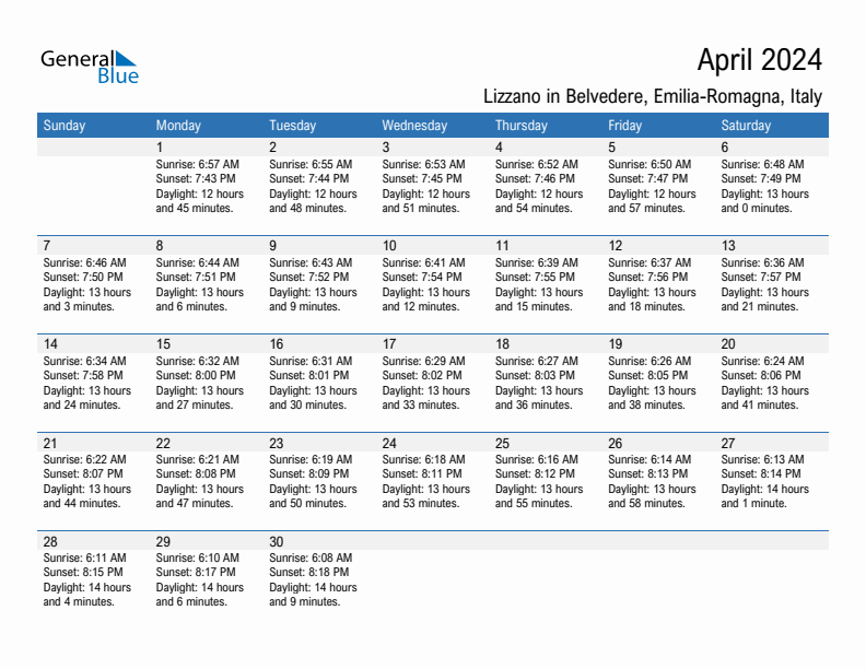 Lizzano in Belvedere April 2024 sunrise and sunset calendar in PDF, Excel, and Word