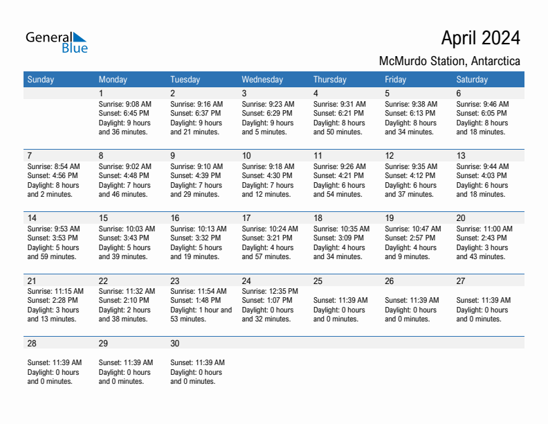 McMurdo Station April 2024 sunrise and sunset calendar in PDF, Excel, and Word