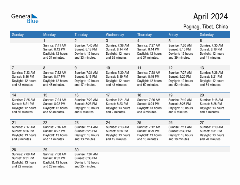 Pagnag April 2024 sunrise and sunset calendar in PDF, Excel, and Word