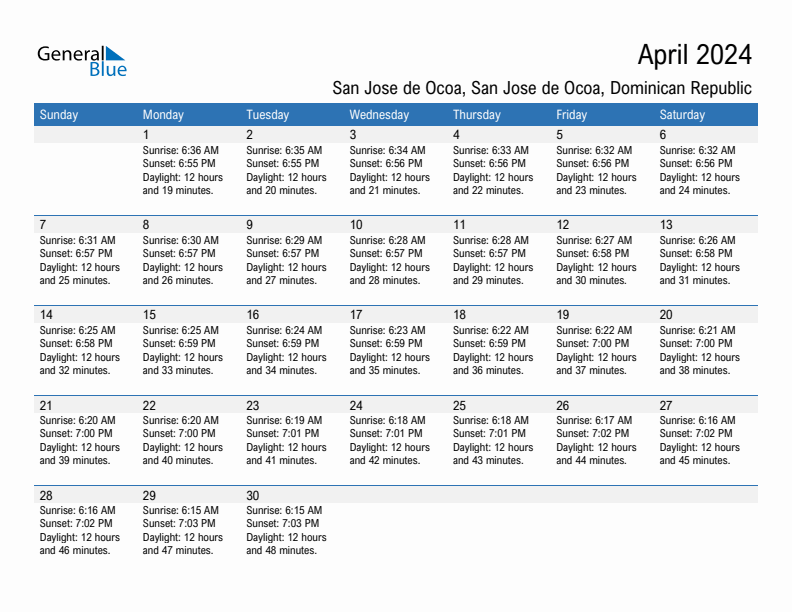 San Jose de Ocoa April 2024 sunrise and sunset calendar in PDF, Excel, and Word