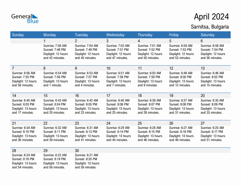 Sarnitsa April 2024 sunrise and sunset calendar in PDF, Excel, and Word