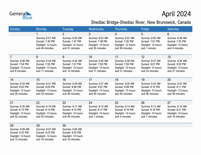 Shediac Bridge-Shediac River April 2024 sunrise and sunset calendar in PDF, Excel, and Word