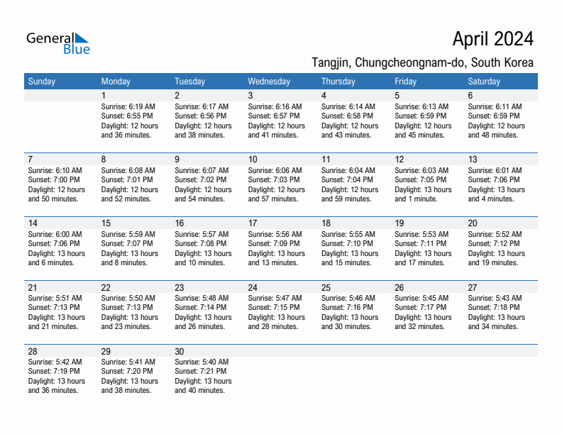 Tangjin April 2024 sunrise and sunset calendar in PDF, Excel, and Word